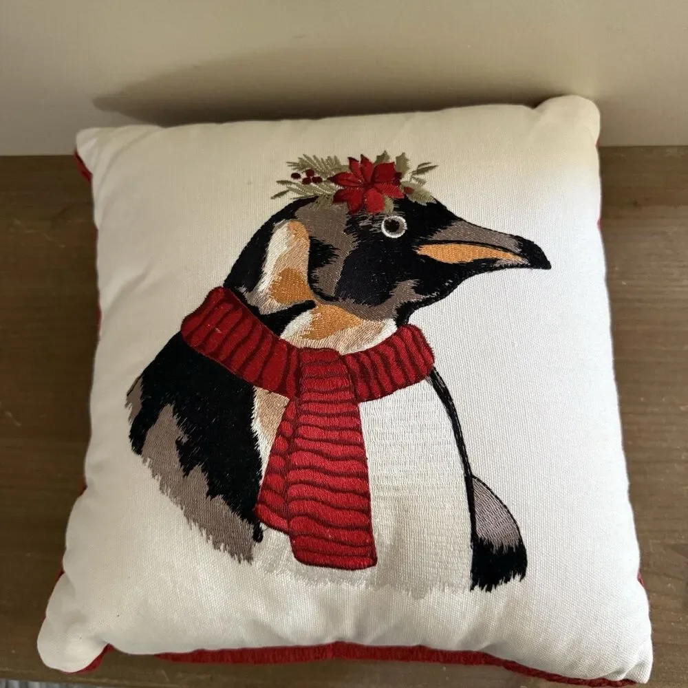 Pier 1 Penguin Holiday Embroidered Pillow Removable Cover Multicolor